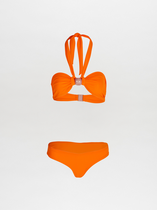 A Valderice Bikini Top + Fermina Bikini Bottom Orange set featuring halter top and seamless bottom, set against a white background.