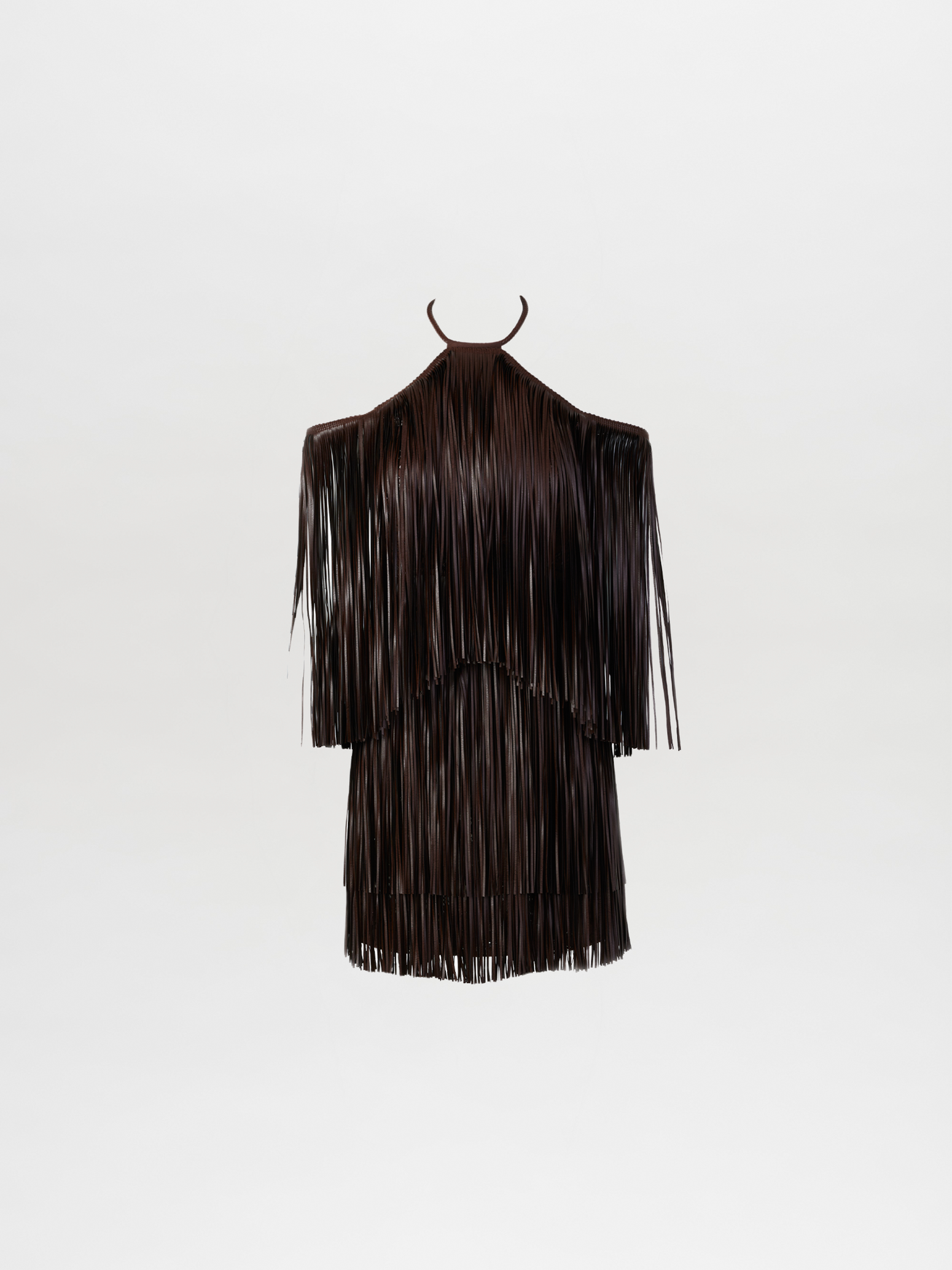 The Vercelli Dress Brown, featuring leather-like fringe and a deep chocolate hue, is displayed on a hanger against a plain white background.