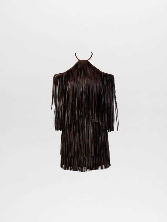 The Vercelli Dress Brown, featuring leather-like fringe and a deep chocolate hue, is displayed on a hanger against a plain white background.