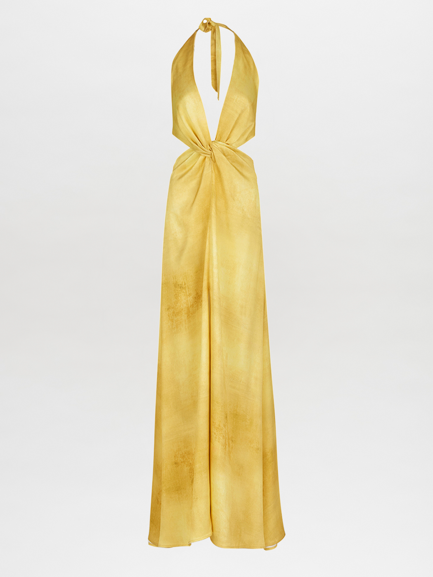 The Camila Dress Canary is a long, backless dress featuring a halter neck design in canary-hued fabric, complete with a knot detail at the front that accentuates a feminine silhouette.