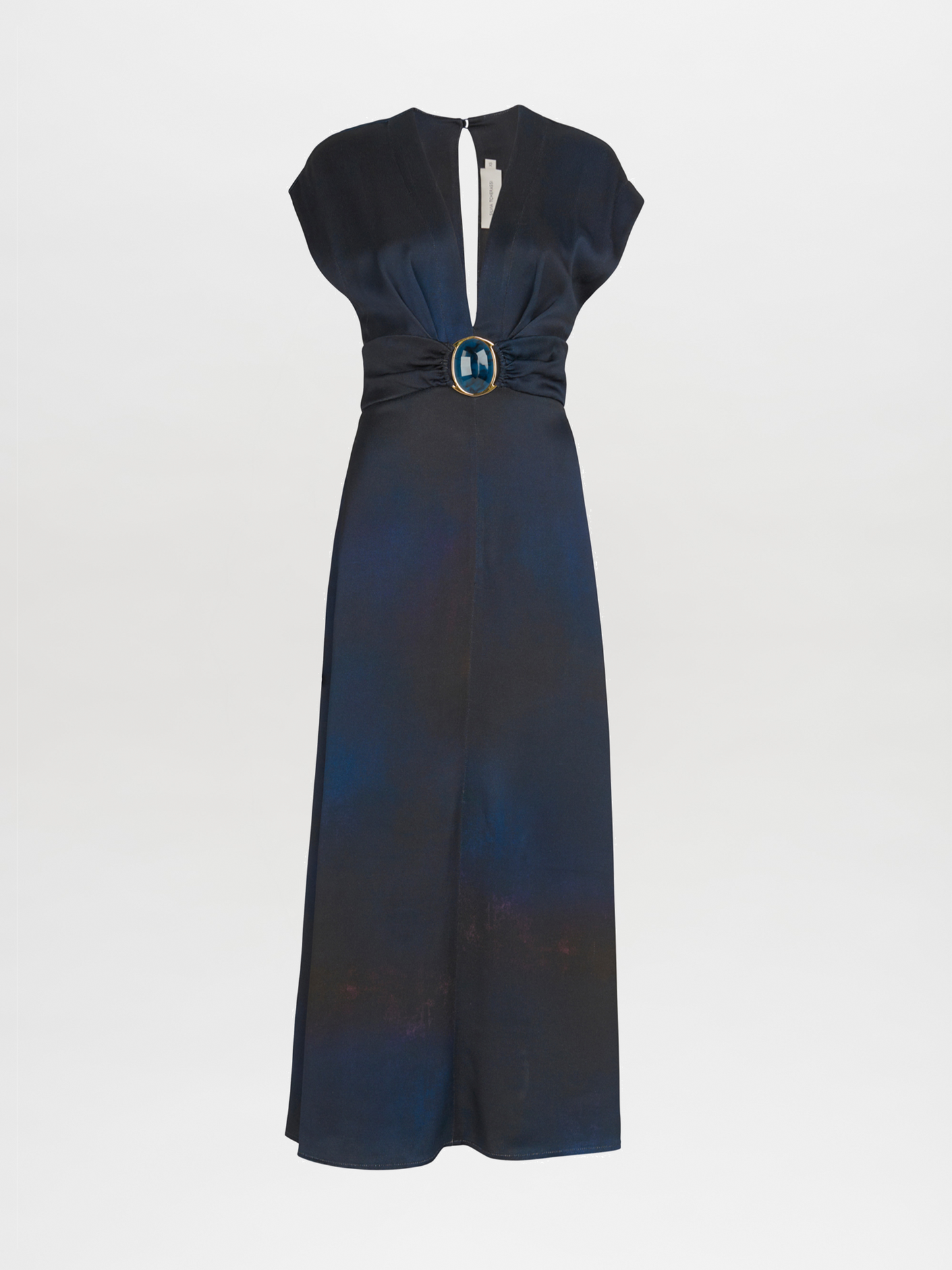 An elegant Emmeline Dress Navy with a buckle on the front.