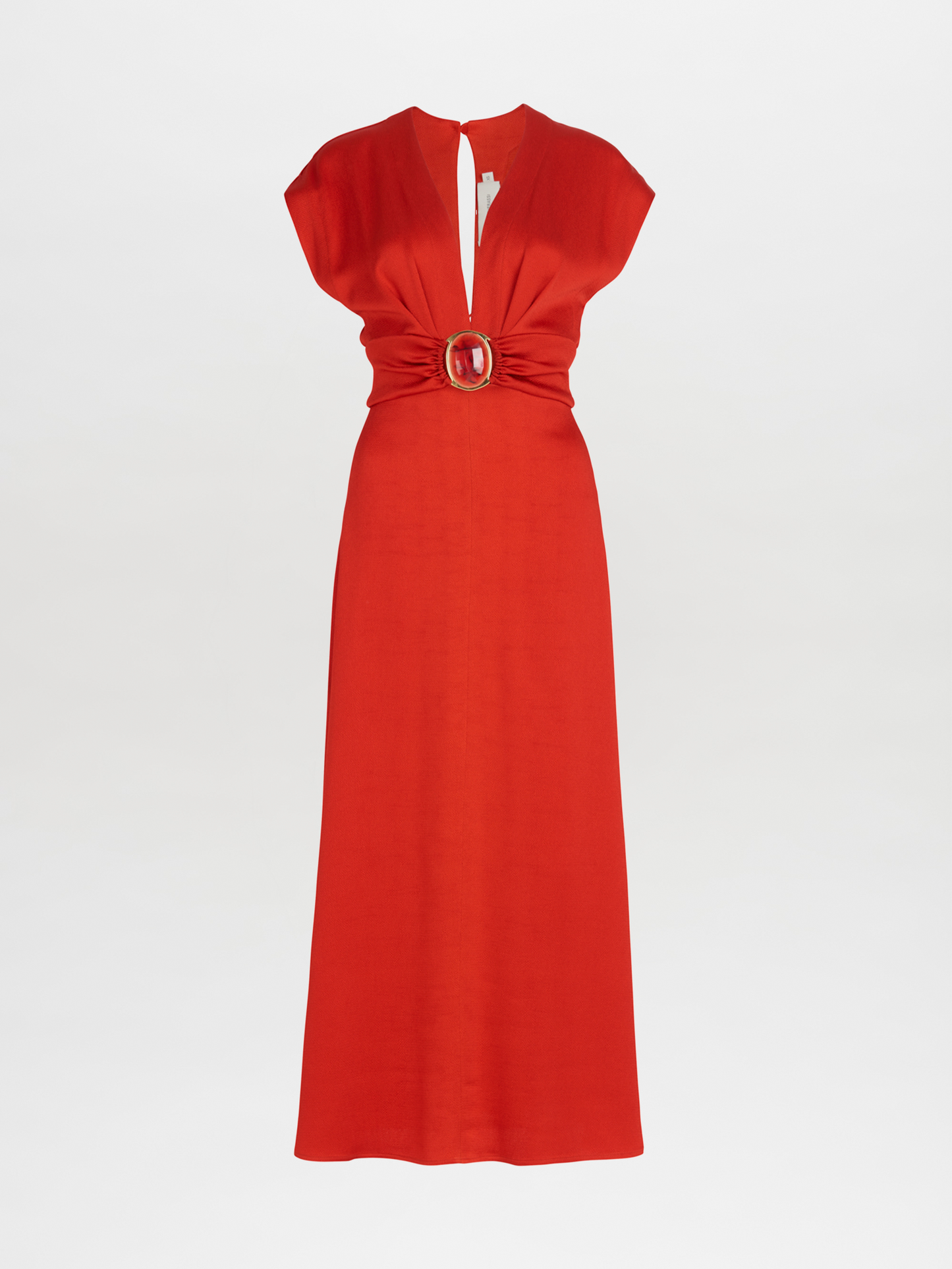 Emmeline Dress Rouge, with a belt that features a plunging neckline.