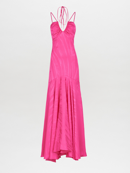 The Jacinta Dress Fuchsia, featuring a halter-neck design with a fitted bodice and an elegant flared skirt, is showcased against a white background.