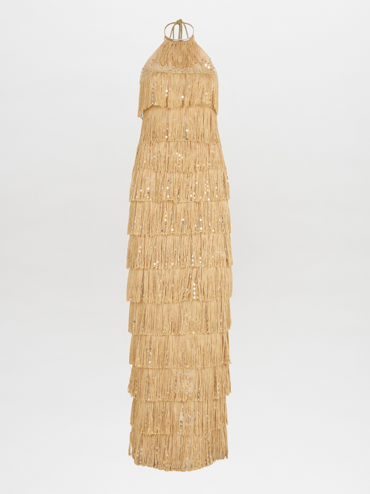 Oriana Dress Gold with tiered gold fringe detailing, displayed on a white background.