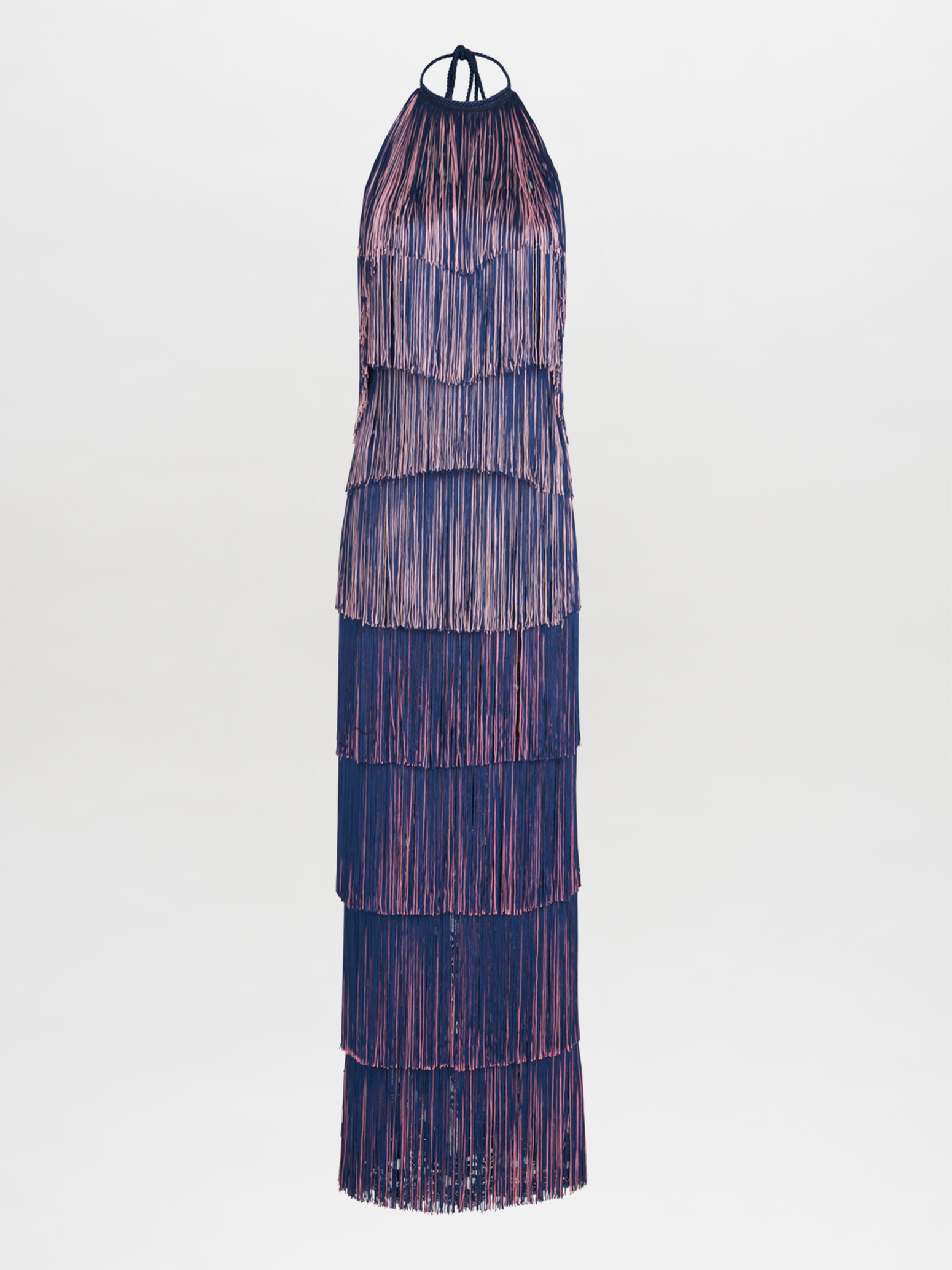 A floor-grazing fringed Paris Dress Navy with a touch of glamour in blue and pink hues.