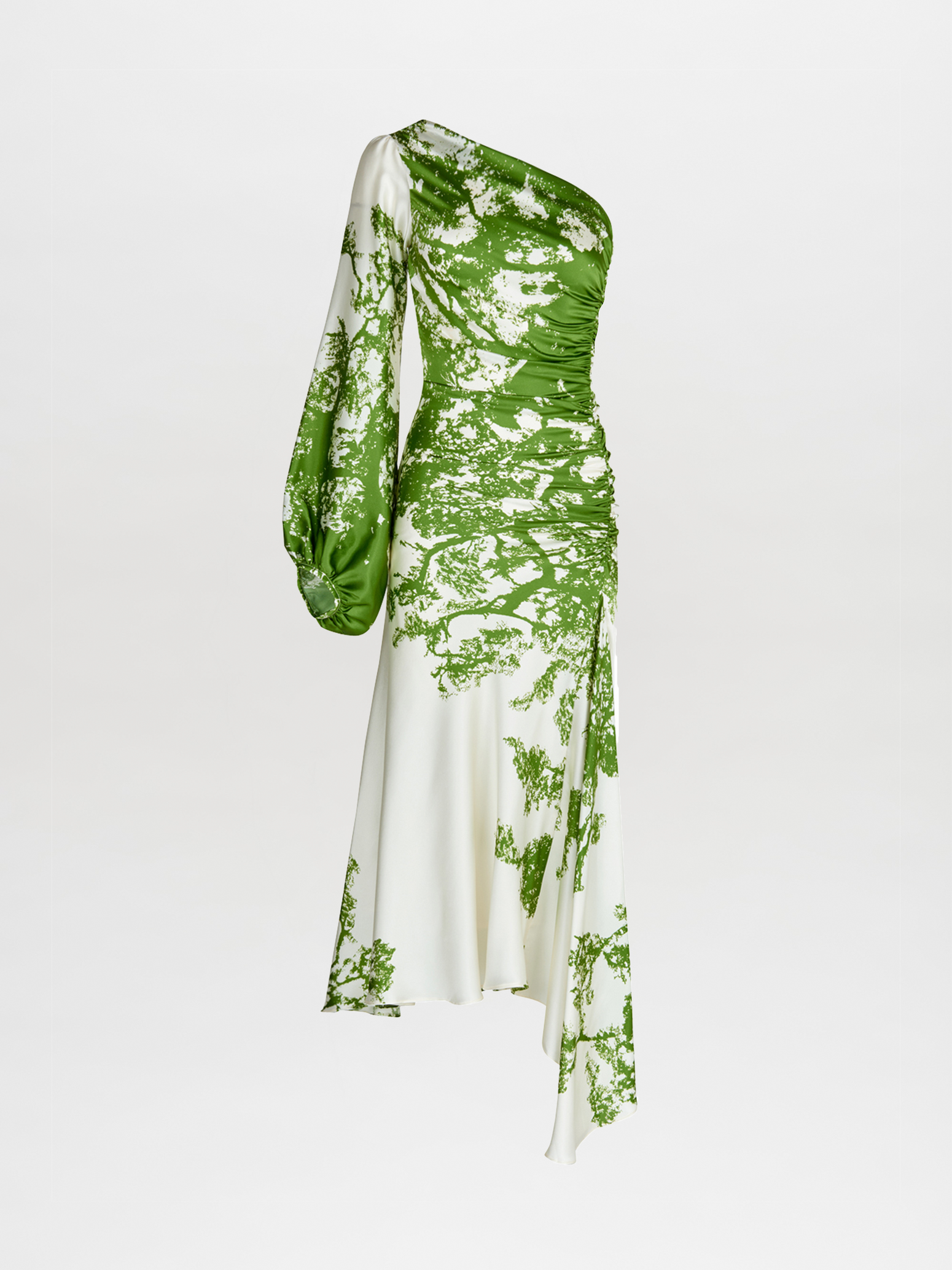 An asymmetrical Villanova Dress Green Cyprus silk dress with a sleeve.