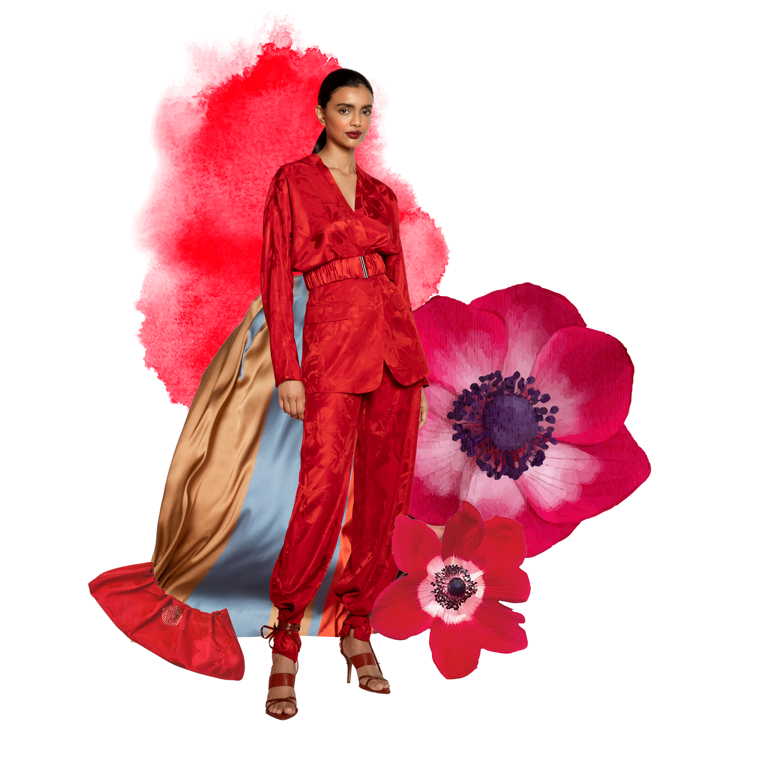 A woman in a vibrant red outfit stands confidently against a background featuring large red flowers and abstract red shapes.