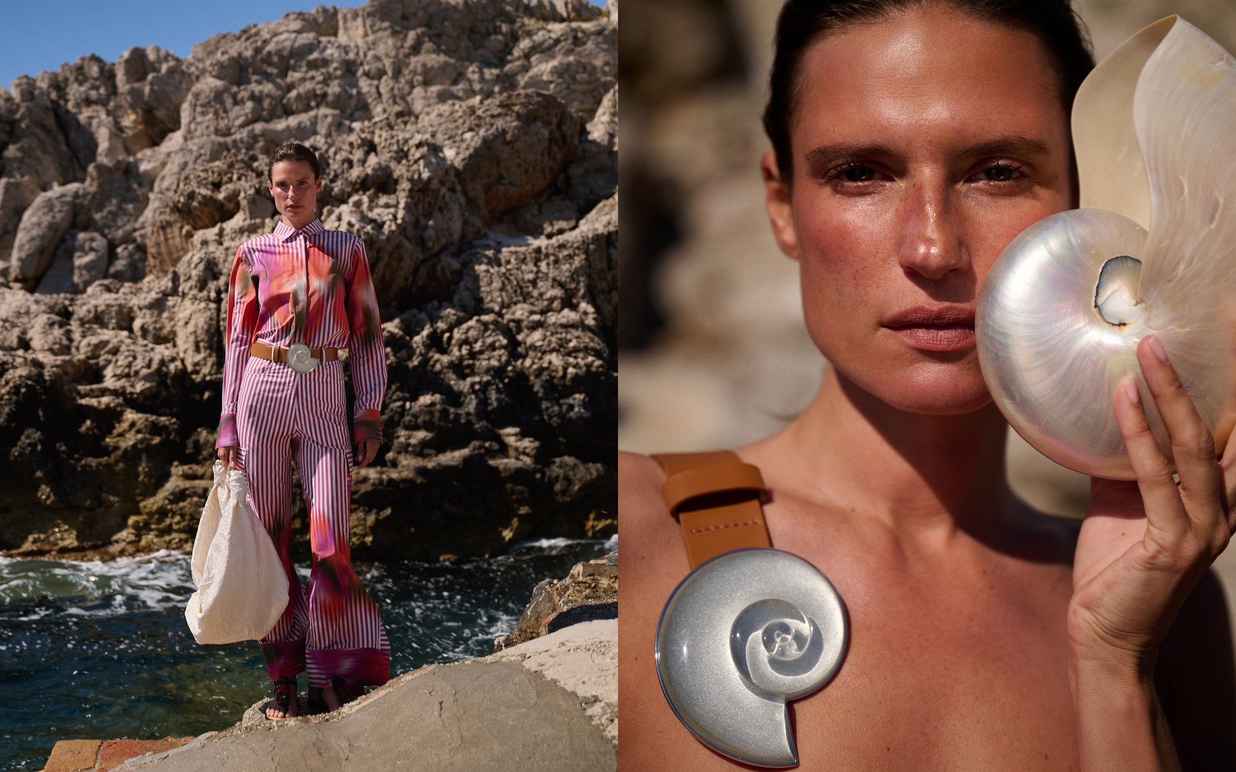 Woman in colorful outfit by rocky coastline, close-up of woman holding a shell.