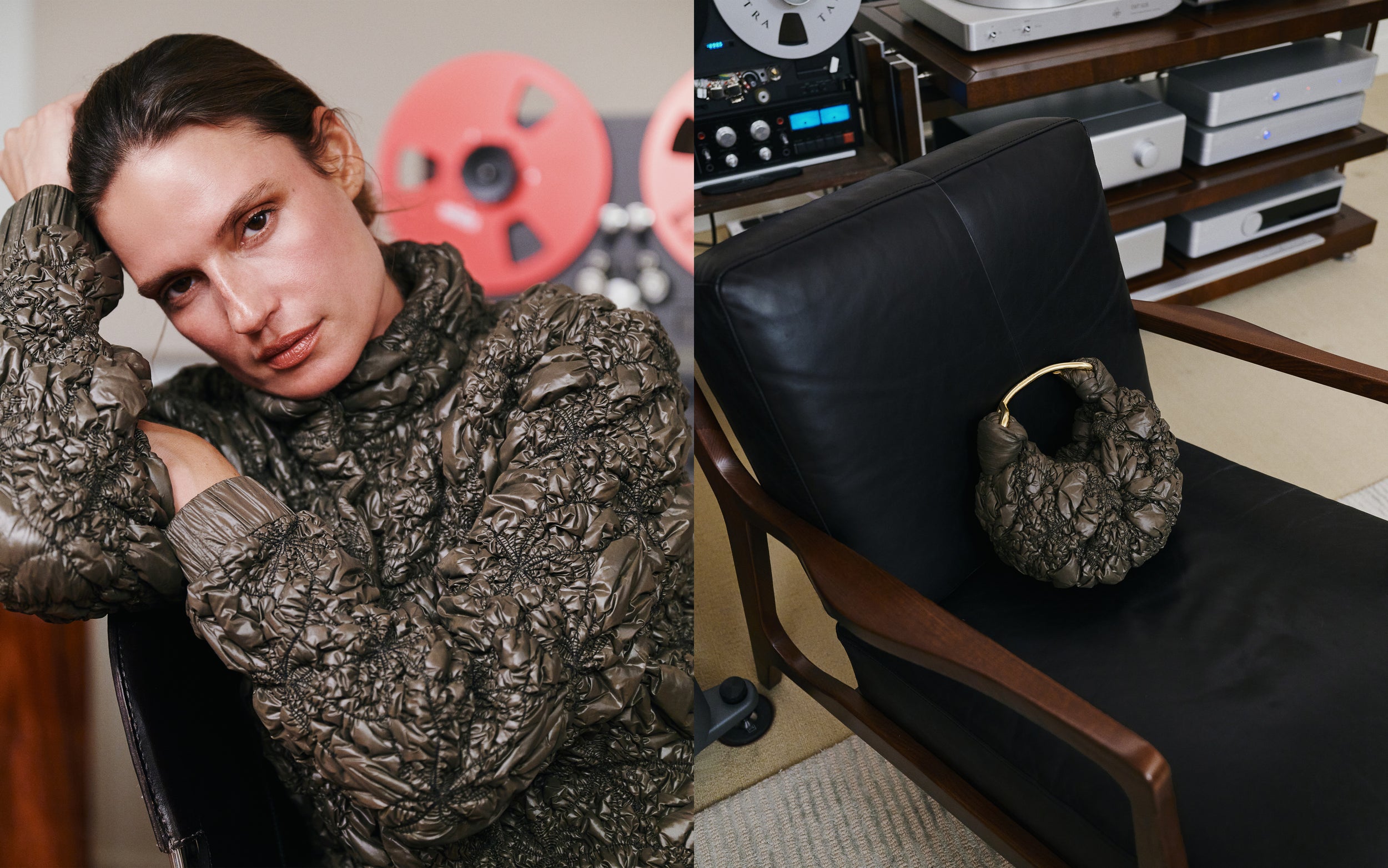 A split image showing a model wearing a textured metallic bronze-brown puffer jacket on the left, and a matching textured handbag resting on a black leather chair in a room with audio equipment on the right.