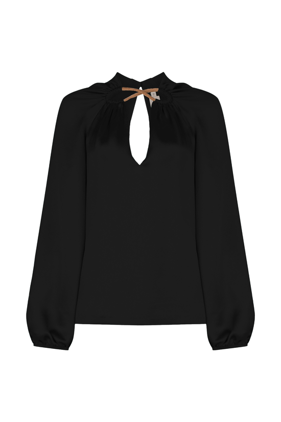 A Ximena Blouse Black with a tie and metallic detailing for a stylish touch.