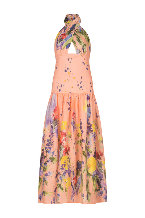 A Zaira Dress Apricot Spring Garden with a multicolor floral print.