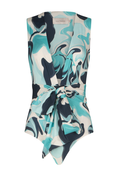 A Zaita One Piece Turquoise Marble swimsuit made of lycra fabric.