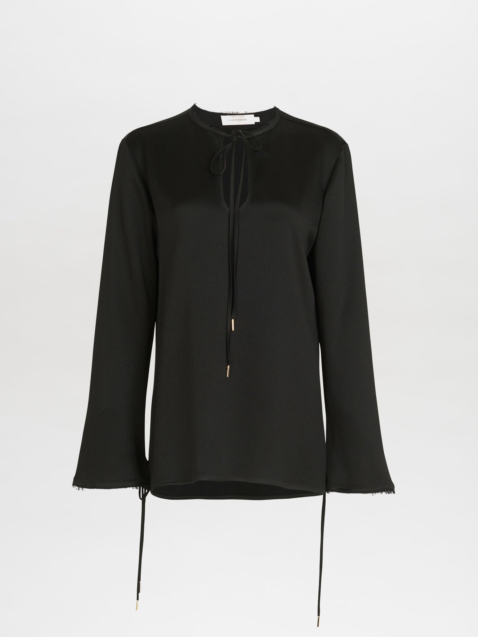 A versatile Zafra Blouse Black with a sleeve tie and a collar.