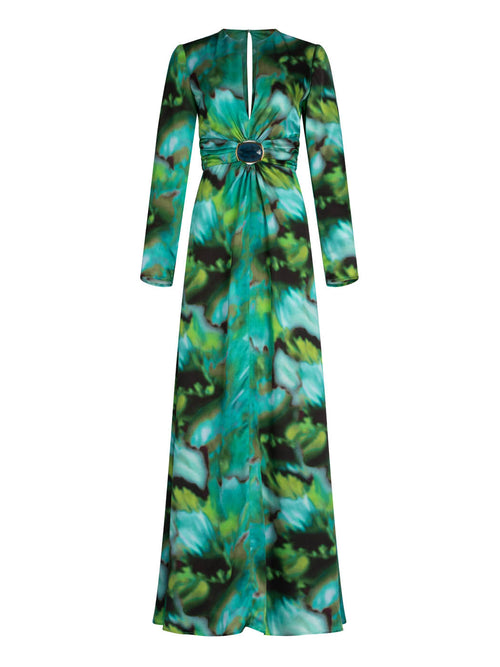 A Zarina Dress Juniper Green featuring a vibrant green and blue floral pattern and a circular belt buckle at the waist, displayed against a white background.