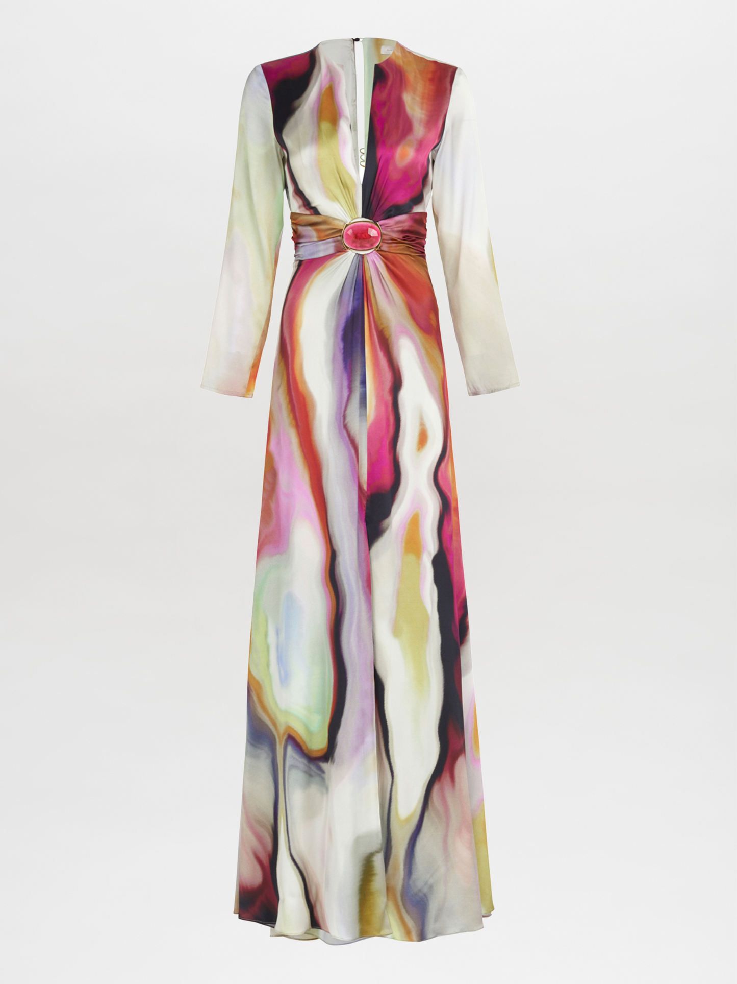 The Zarina Dress Iridescent Marble is a long-sleeve maxi dress made from luxurious Italian silk, showcasing a vibrant iridescent marble pattern with a cinched waist and a circular detail at the center.