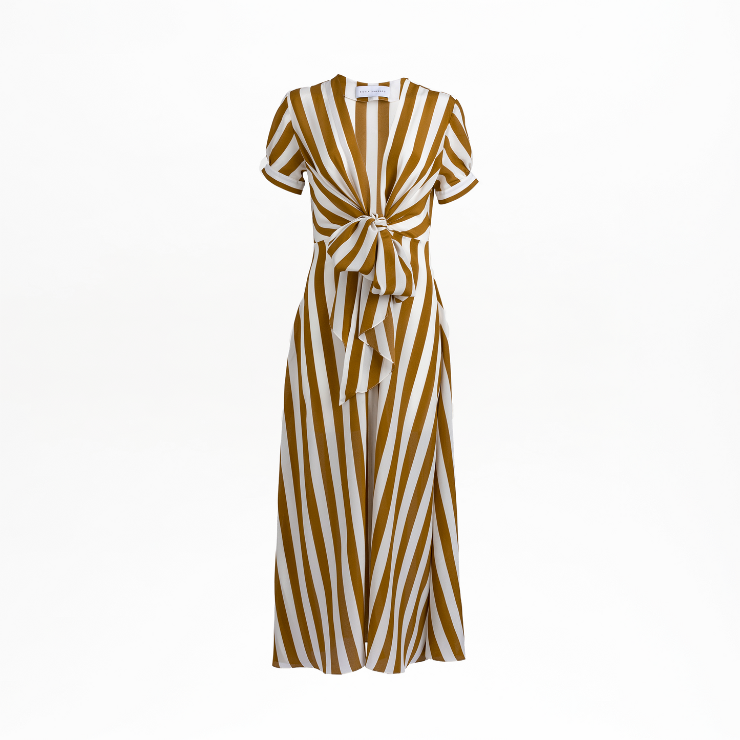 The Zila Dress is a short-sleeved, floor-length style in luxurious Italian fabric with vertical mustard yellow and white stripes, a V-neckline, and a statement front waist tie, shown on a plain white background.