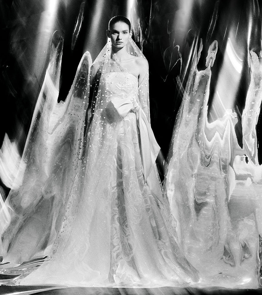 Person wearing a white wedding dress with a long train in a fantasy setting