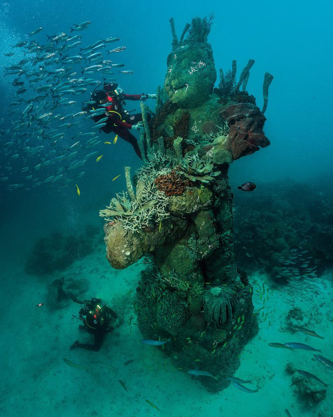 Scuba divers examine a tall, coral-covered underwater statue surrounded by fish.