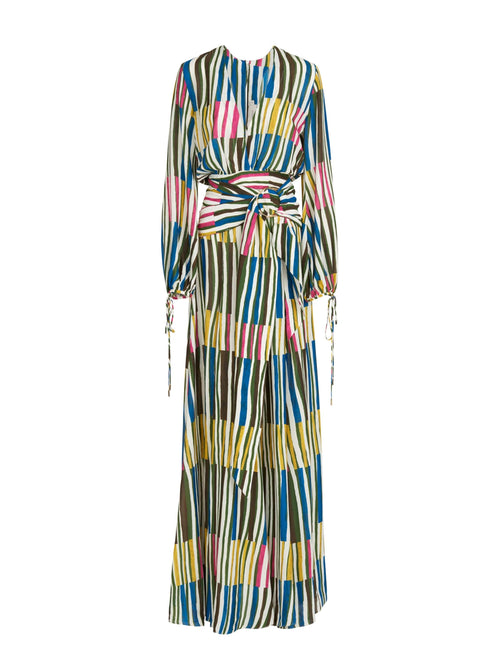 A Antionetta Dress Multi with a tie at the waist.