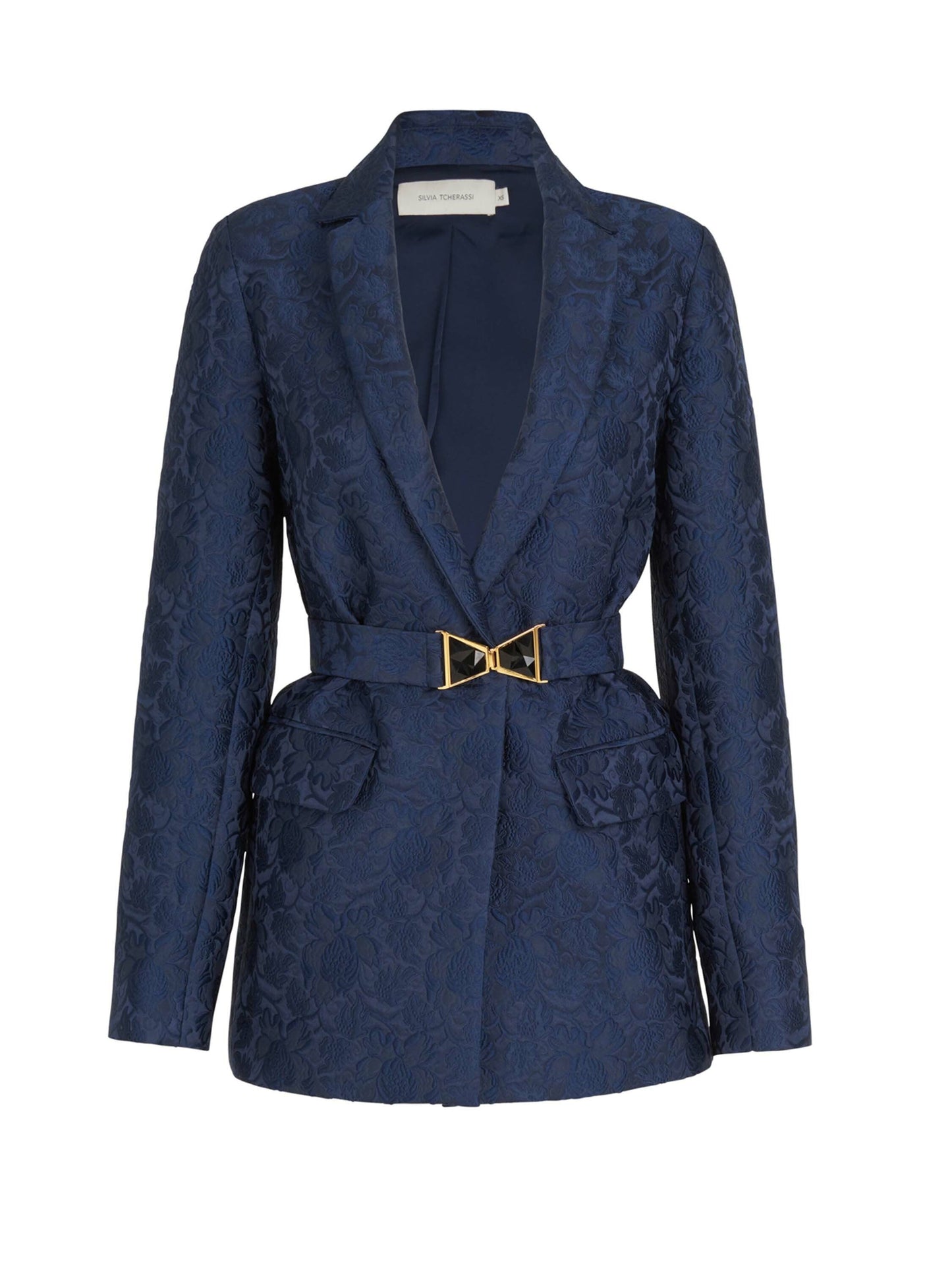 An elegant Cuneo Jacket Navy with a gold buckle, perfect for formal occasions.