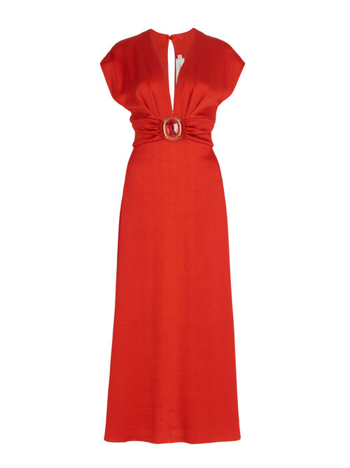 Emmeline Dress Rouge, with a belt that features a plunging neckline.