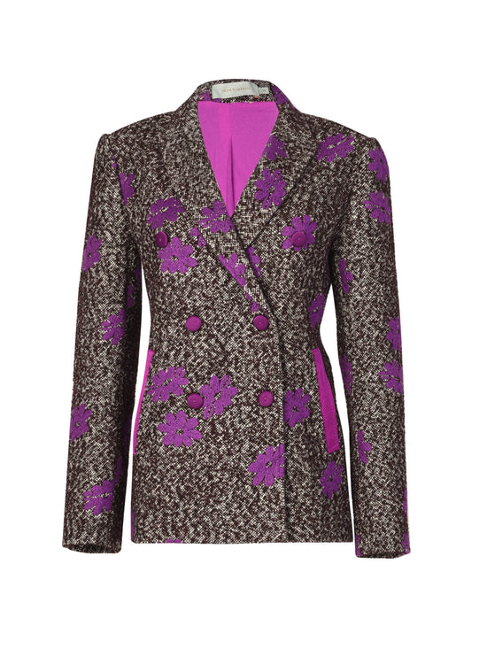 The Countess Jacket Violet is a long sleeve double-breasted blazer with a brown and gray tweed pattern, featuring embroidered purple flowers and a contrasting purple lining, designed in the sophisticated style of Silvia Tcherassi.