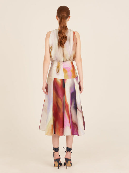 This Berta Dress iridescent Marble features a colorful print and jeweled details, perfect for feminine dressing in Fall 2023.