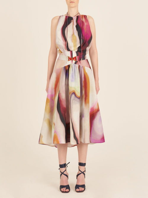 This Berta Dress iridescent Marble features a colorful print and jeweled details, perfect for feminine dressing in Fall 2023.