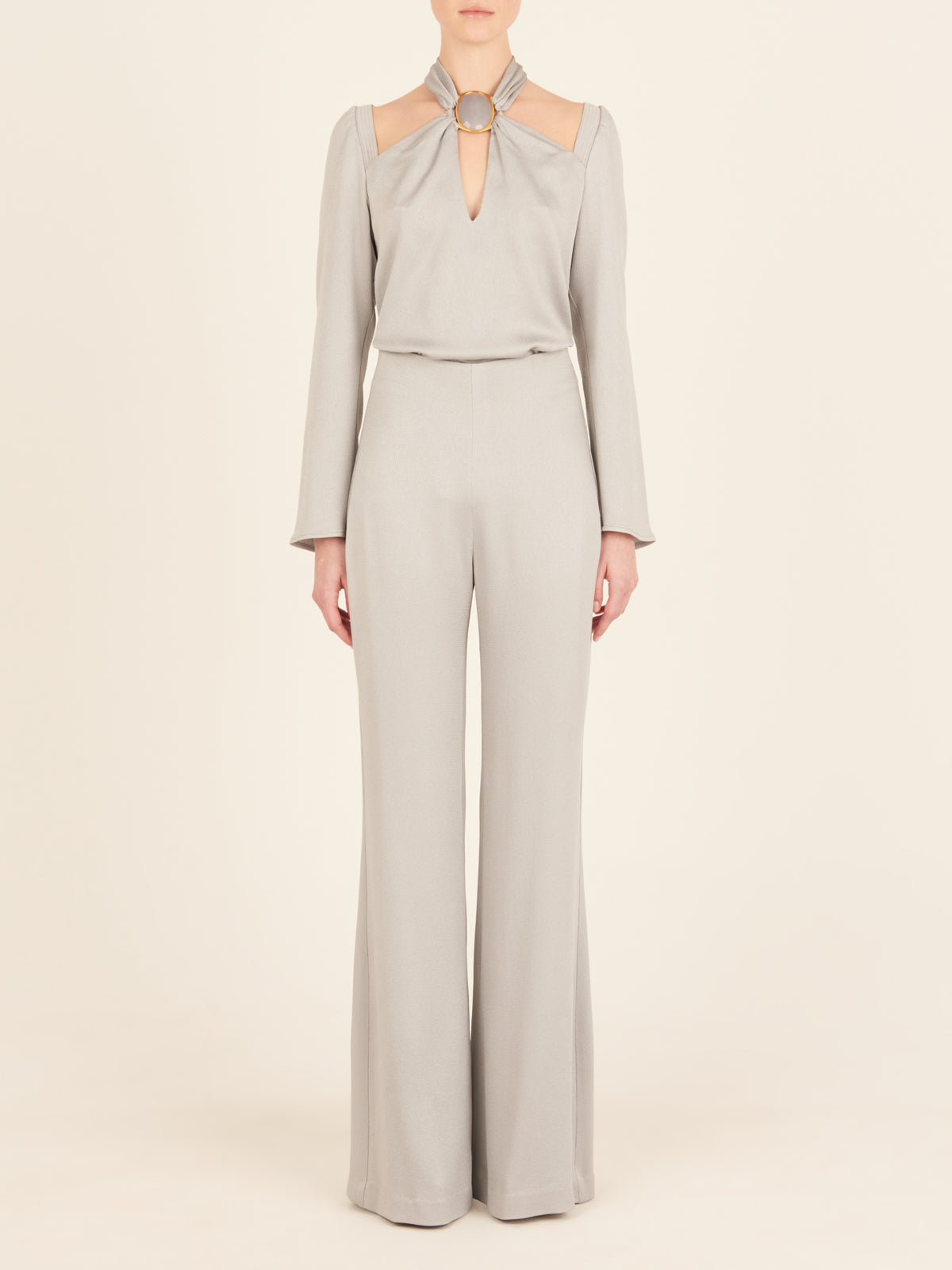 Gray, high-waisted wide-leg Andie Pant Gray with a seamless fit and smooth, minimalist design displayed on a plain white background.