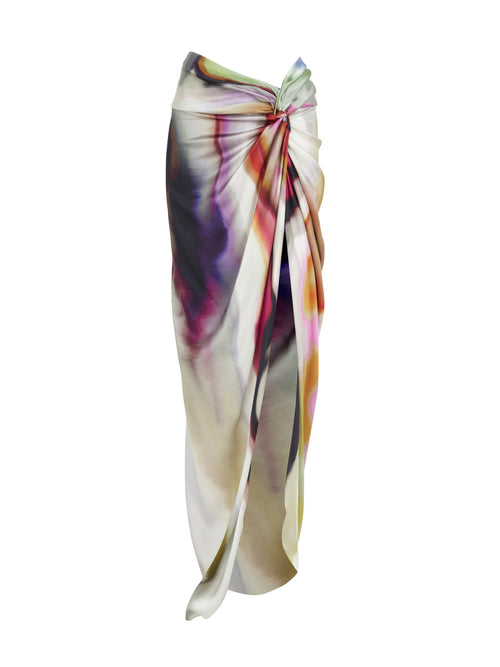 A women's Lady Skirt Iridescent Marble with a high waist and multi colored floral print.
