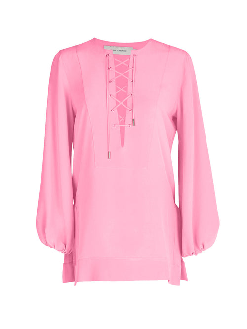 A glamorous Merve Blouse Pink with lace detailing.