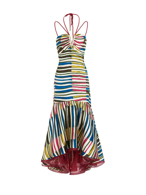 Sentence with Product Name: A Mogador Dress Multi with a halter neck in a silk blend fabric.