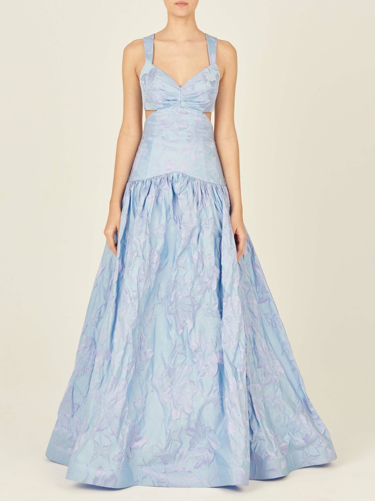 Allegra Dress French Lilac with thick shoulder straps, a fitted bodice, and a full, ankle-length skirt with a floral pattern.