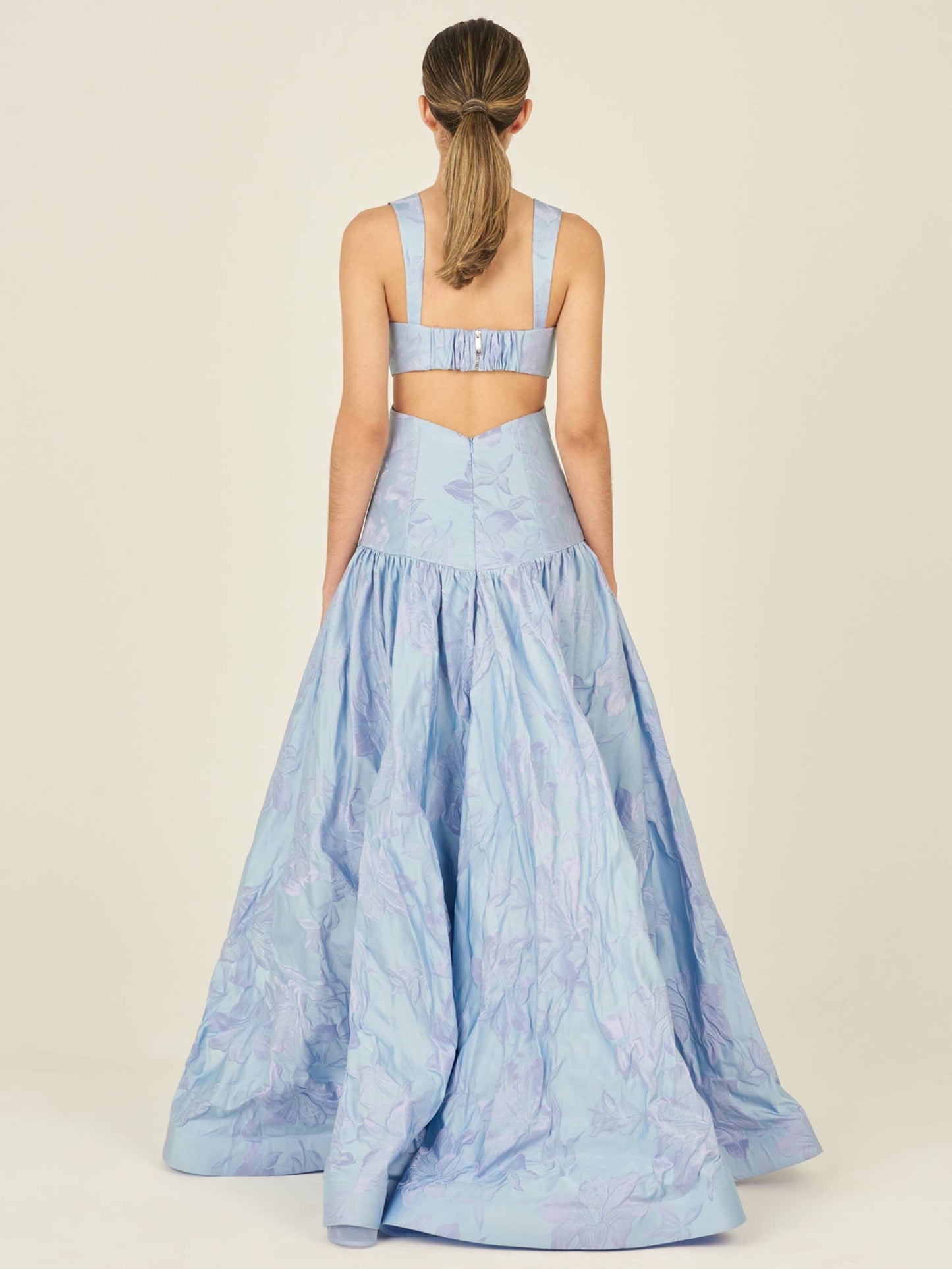 Allegra Dress French Lilac with thick shoulder straps, a fitted bodice, and a full, ankle-length skirt with a floral pattern.