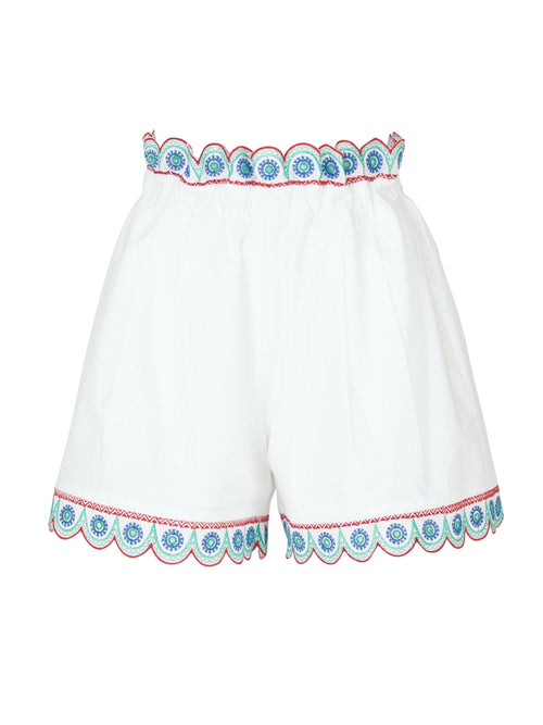 Adelson Short White Blue with colorful embroidery in teal, pink, and blue along the waistband and hem. Available for pre-order now; expected to ship between June 1st - July 1st.