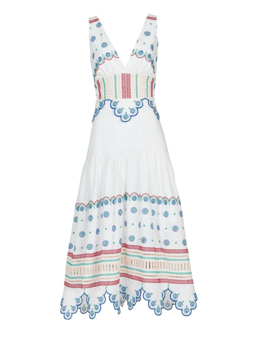 A Biset Dress White Blue with colorful embroidered details.