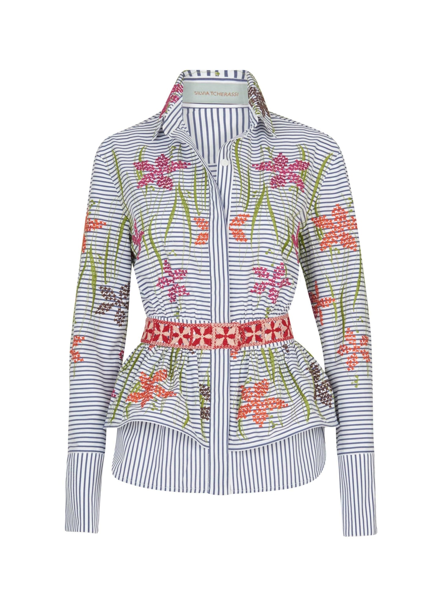 A Fiona Blouse Blue Pinstripe with floral embroidery.
