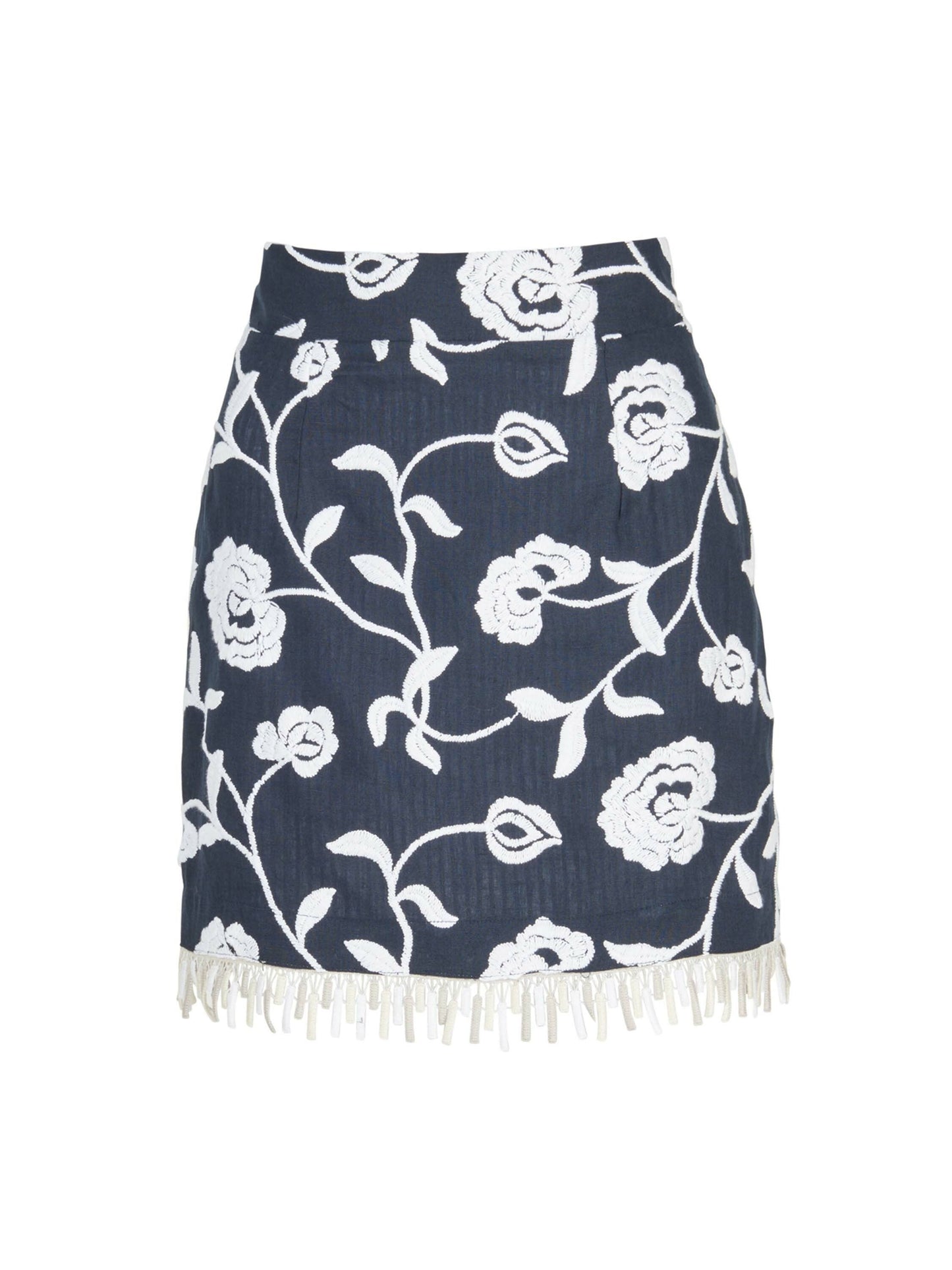 An Idalia Skirt Navy Embroidered with fringes.