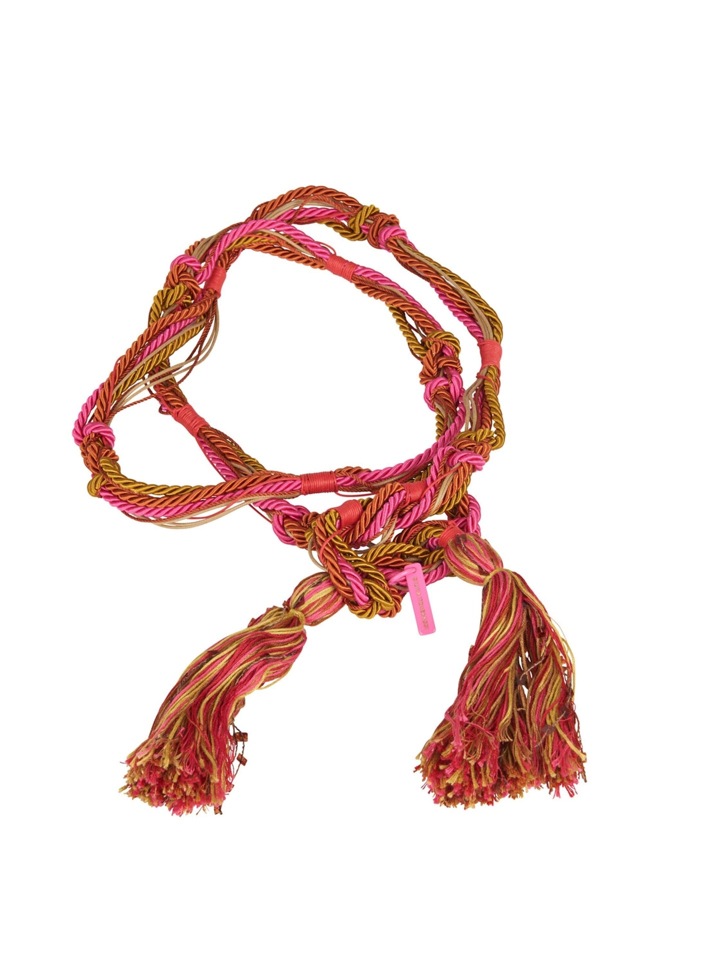 A pink and gold Nellie Belt Amber bracelet with a tassel.