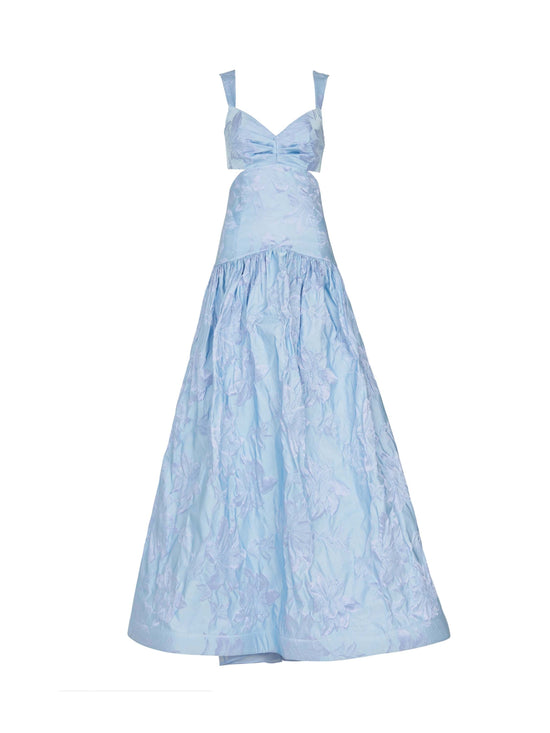 Allegra Dress French Lilac with thick shoulder straps, a fitted bodice, and a full, ankle-length skirt with a floral pattern.