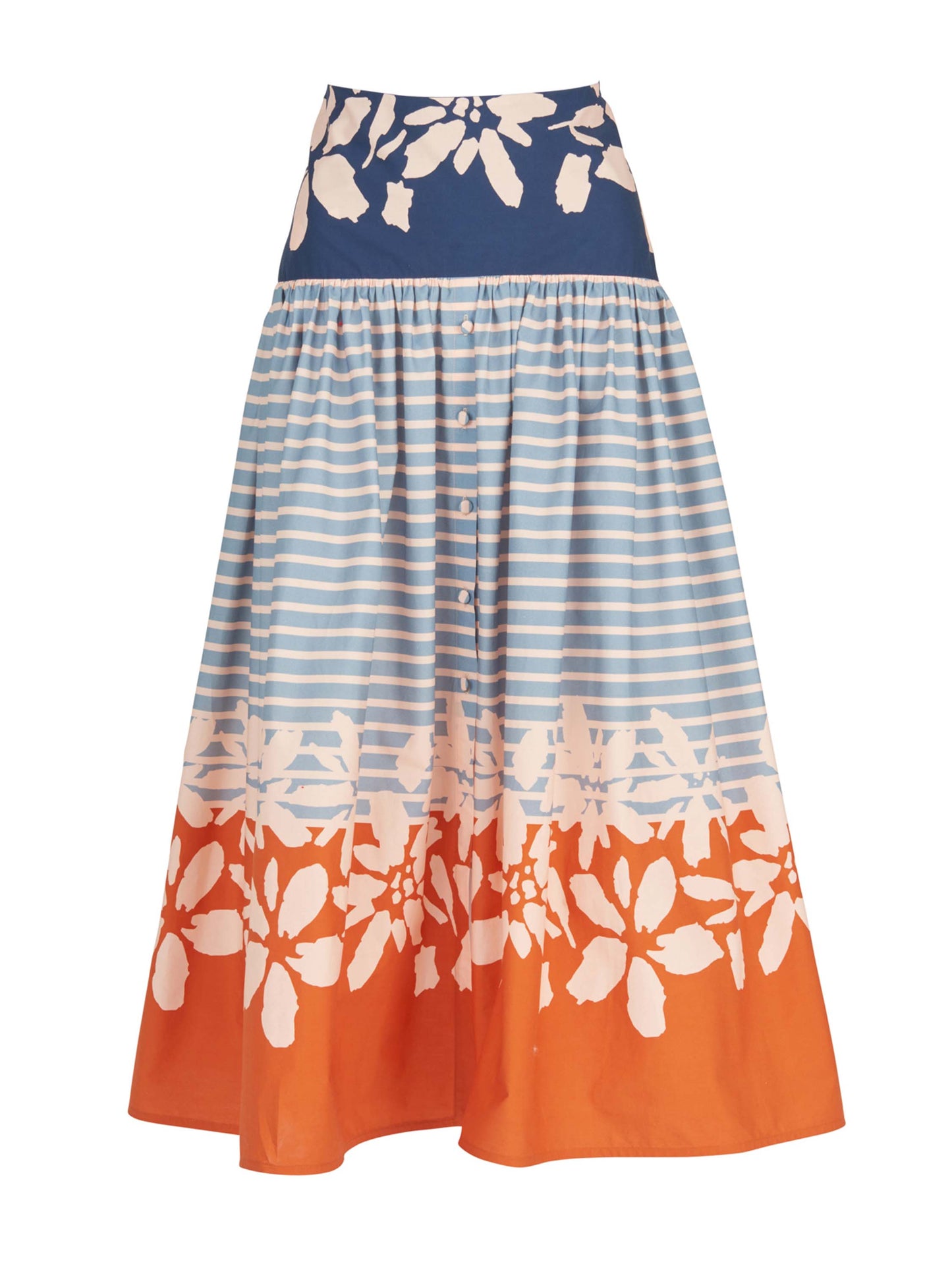 The Apia Skirt Celeste Orange is a flared midi design that features horizontal blue stripes and a wide blue and white floral band at the top. The hem is embellished with an eye-catching celeste orange floral border.