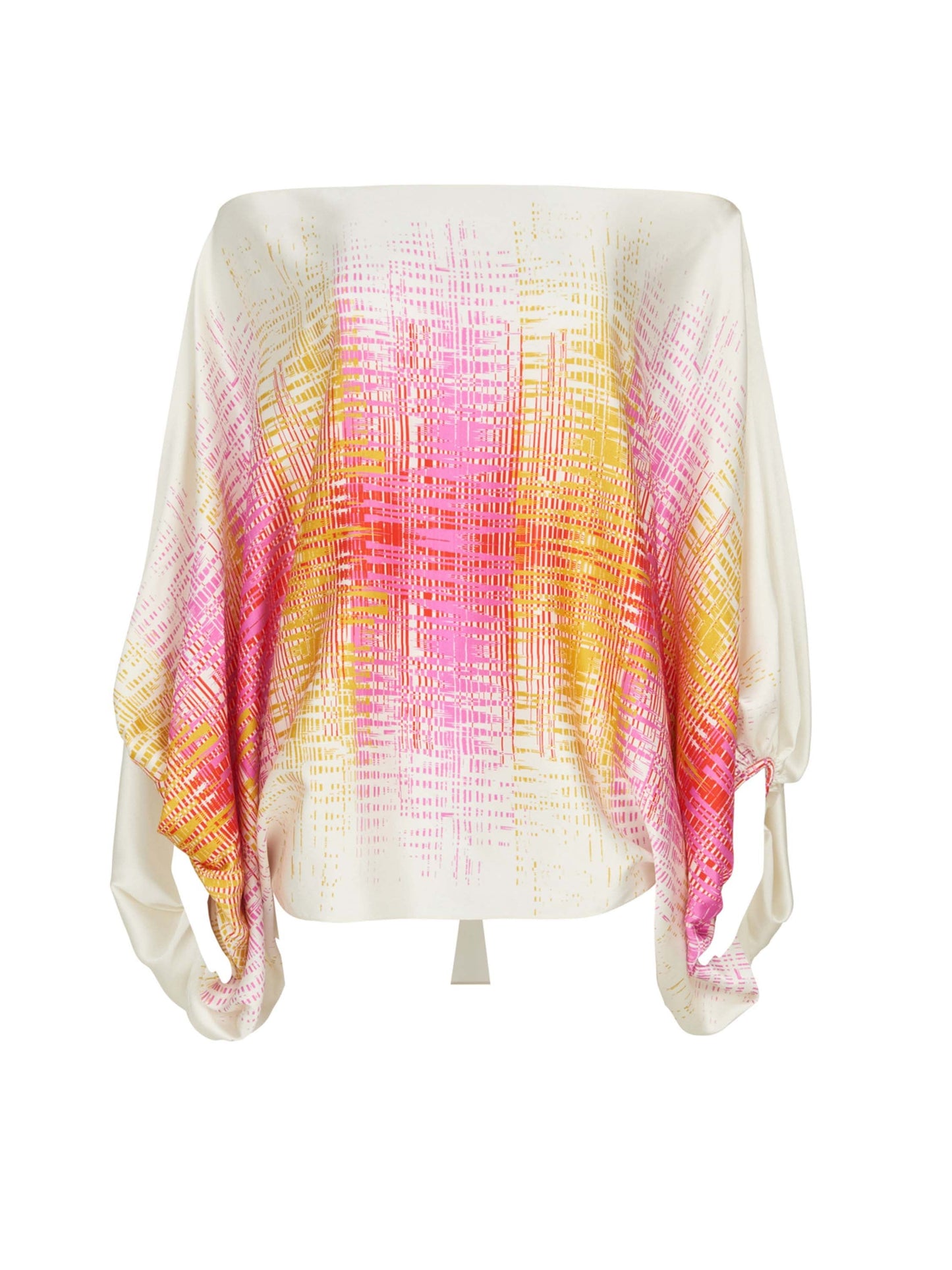 A Bellagio Blouse White Digital with a color block print in pink, yellow, and orange.