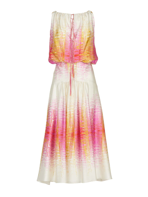 The Daila Dress White Digital features a white and pink abstract pattern in midi length.