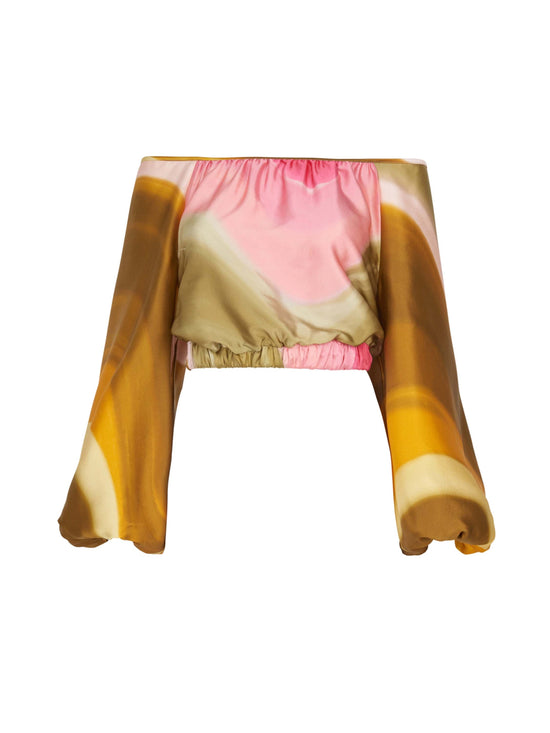 A Dariela Top Olive/Pink printed silk off the shoulder top.
