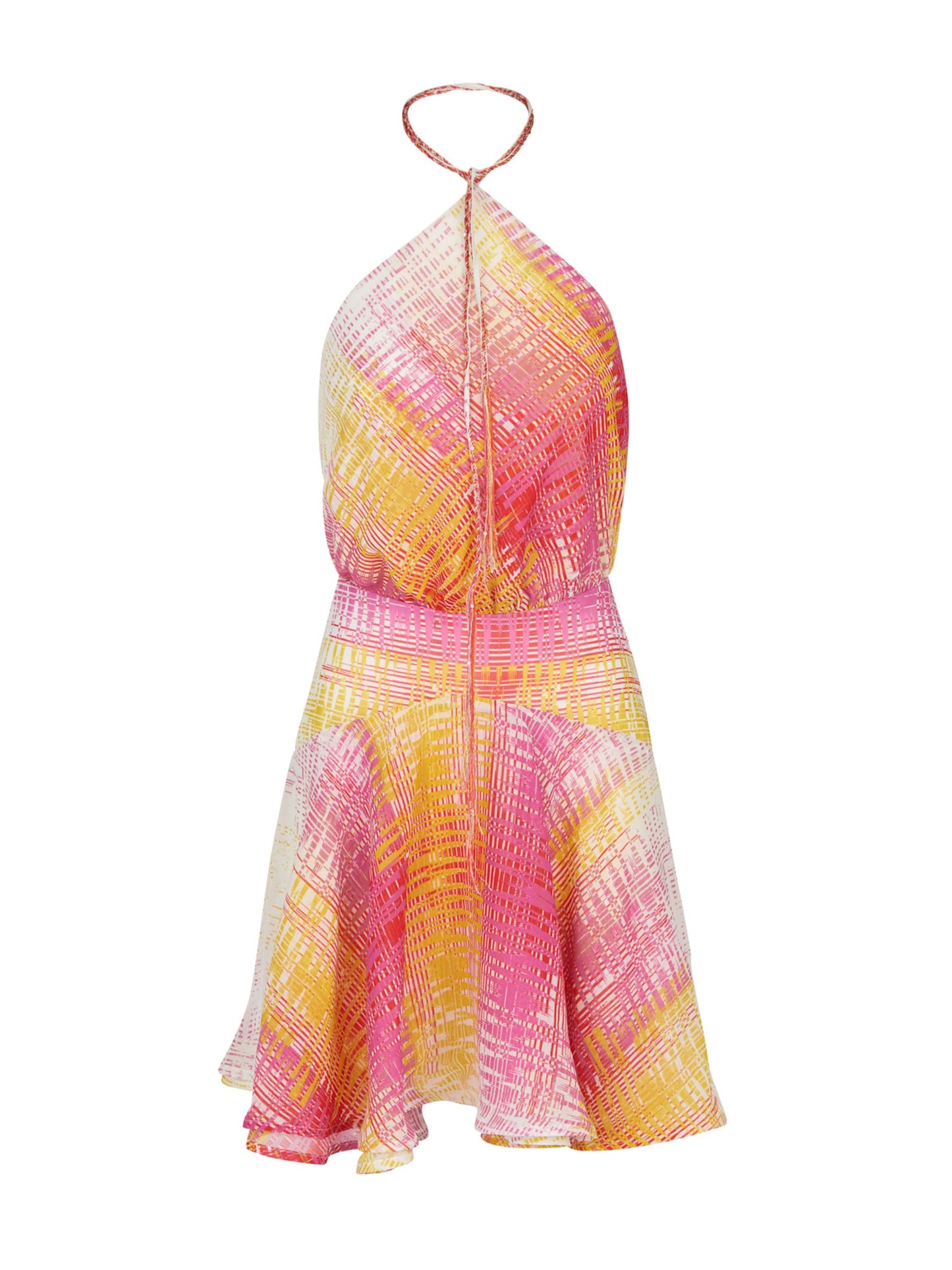 The Denita Dress White Digital is a sleeveless halter mini dress that features a yellow, pink, and white crisscross pattern, with a fitted waist, an open back, and a flared skirt.