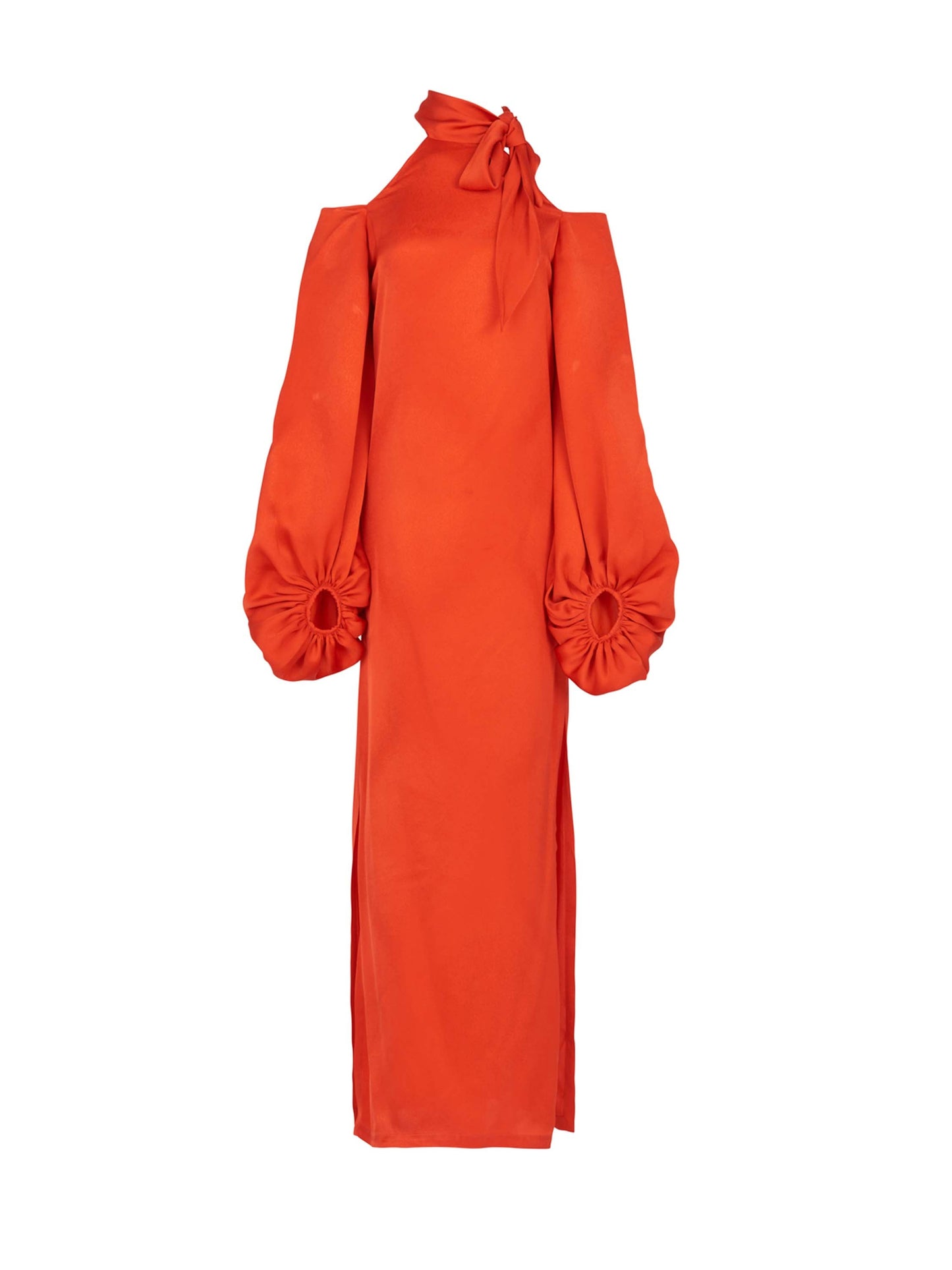 A long-sleeved, bright orange Garmaine Dress Terracota with a high neckline, a knotted detail at the collar, large puffed sleeves gathered at the cuffs, and a straight, floor-length silhouette. Order now and it can ship within a week!