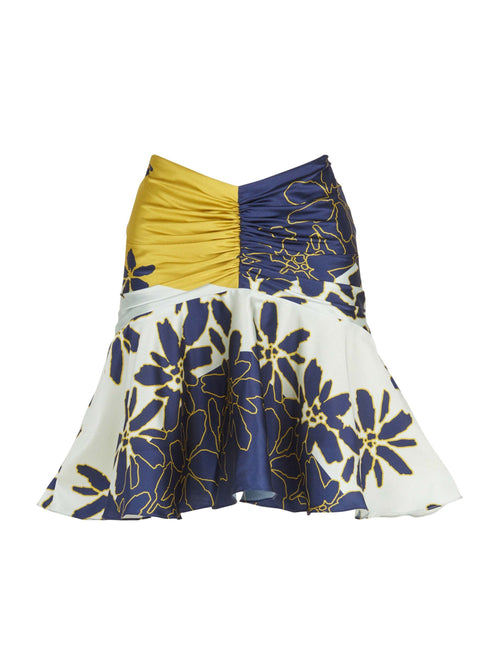 This Loriana Skirt Navy Citrine is made of floral fabric and features an invisible zipper.