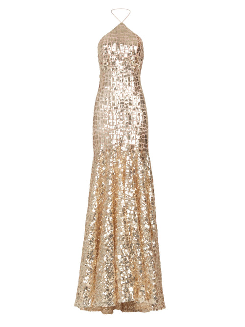 Lottise Dress Gold sequin halter-neck gown with a flared bottom, ready to order and ship, displayed on a white background.