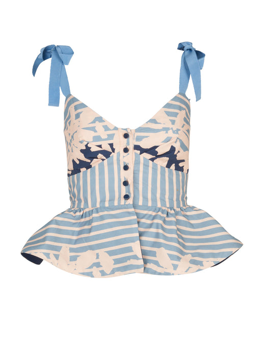 A Sandrine Top Celeste Orange with a princess neckline and a bow in blue and white stripes.