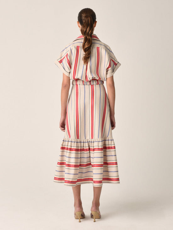 Loni Dress Natural Teal Coral Stripes knee-length shirt dress with a belted waist and short sleeves, displayed against a white background.